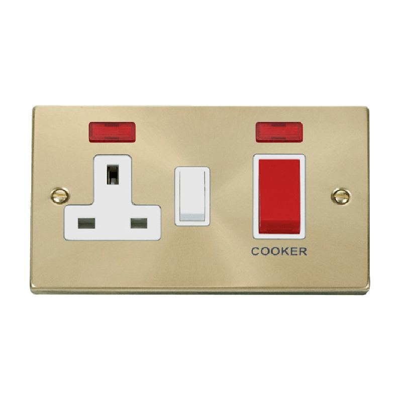 Click Deco 45A DP Switch with 13A Switched Socket and Neons Satin Brass Insert White