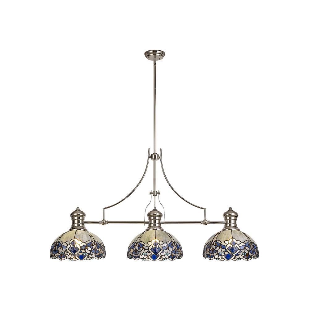 Luxuria Axis 3 Light Linear Pendant E27 With 30cm Tiffany Shade Polished Nickel Blue Clear Crystal