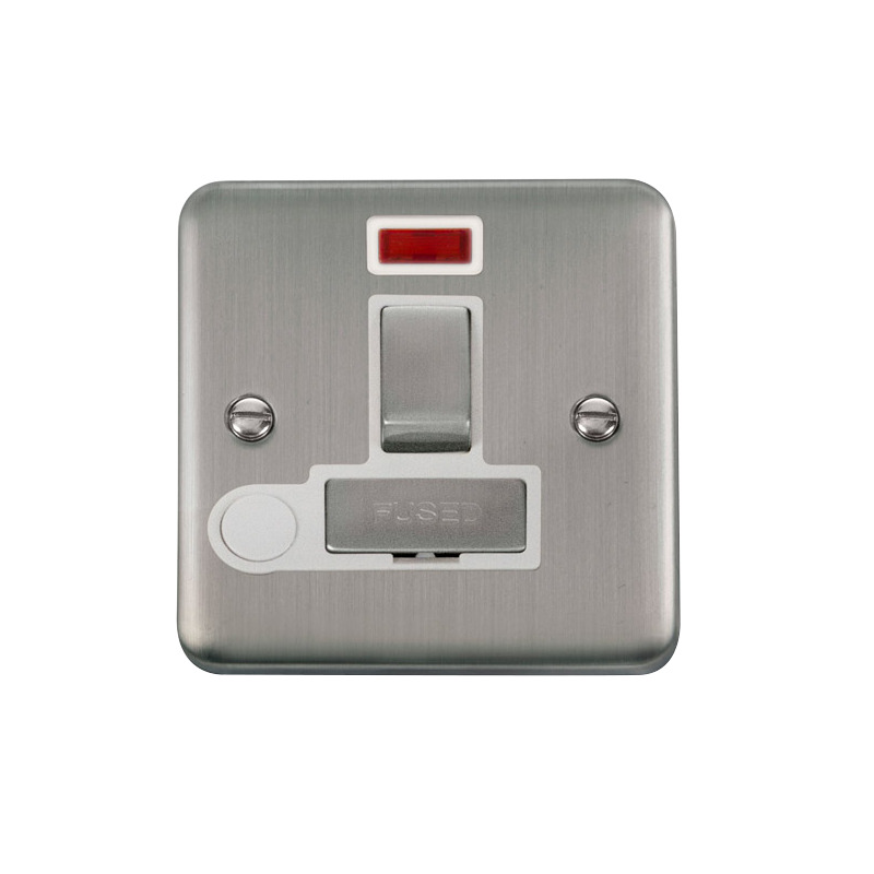 Click Deco Plus Switched Fused Spur Stainless Steel White Inserts Neon Light + Flex Outlet