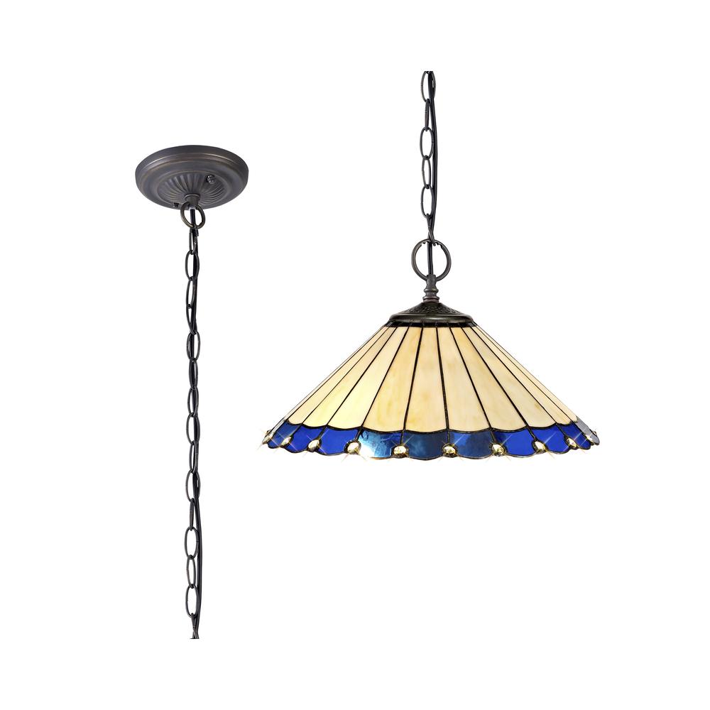 Luxuria Sleek 40.5cm 2 Light Downlighter Pendant E27 With 40cm Tiffany Shade Blue/Cream/Crystal/Aged Antique Brass