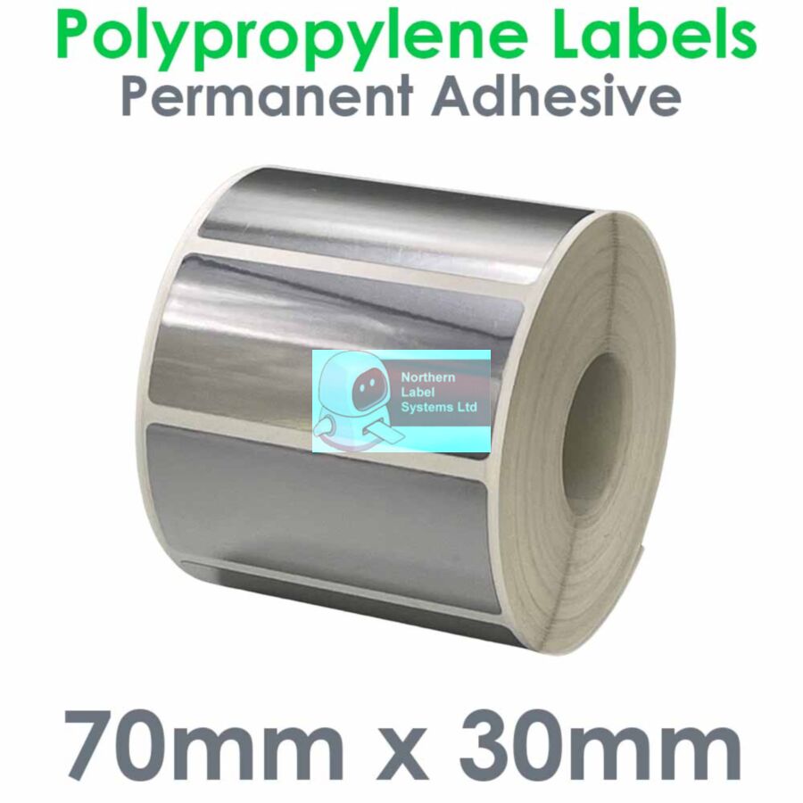 070030BSNPS1-1000, 70mm x 30mm Bright Silver Polypropylene Label, Permanent Adhesive, FOR SMALL DESKTOP LABEL PRINTERS