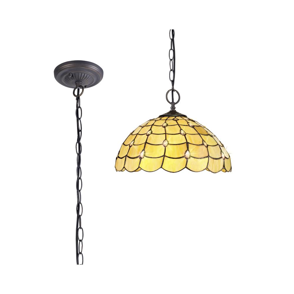 Luxuria Luna 2 Light Downlighter Pendant E27 With 40cm Tiffany Shade Beige/Clear Crystal/Aged Antique Brass