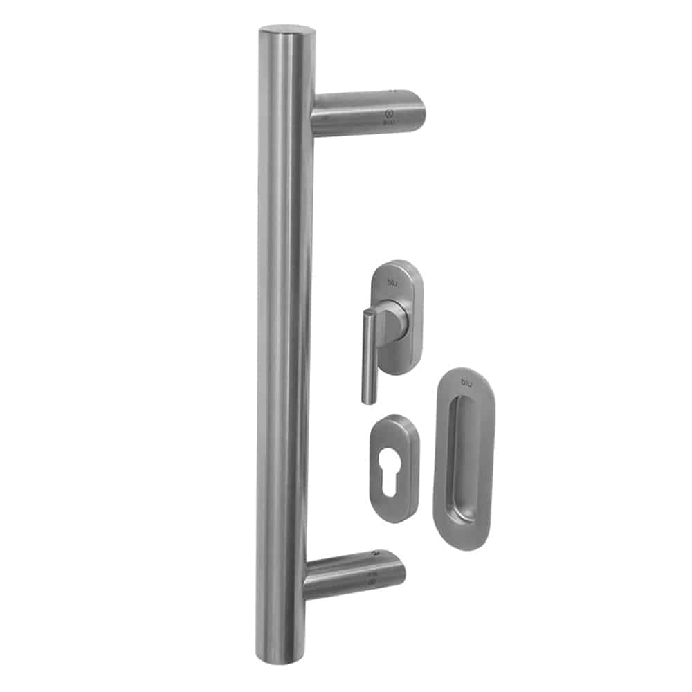 UK Suppliers Of Coastal KM850 BLU 316 Stainless Steel Offset Round ‘T’ Bar & Flush Pull Handle For Straight Slide Doors
