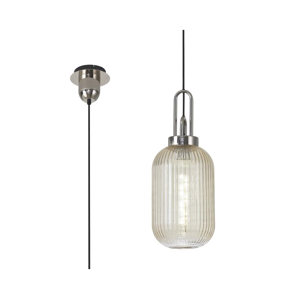 Luxuria Kennith Pendant Light E27 With 20cm Tubular Ribbed Glass Champagne Polished Nickel/Matt Black