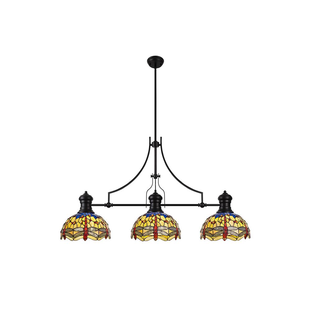 Luxuria Broadway 3 Light Linear Pendant E27 With 30cm Tiffany Shade Matt Black Blue Orange Crystal