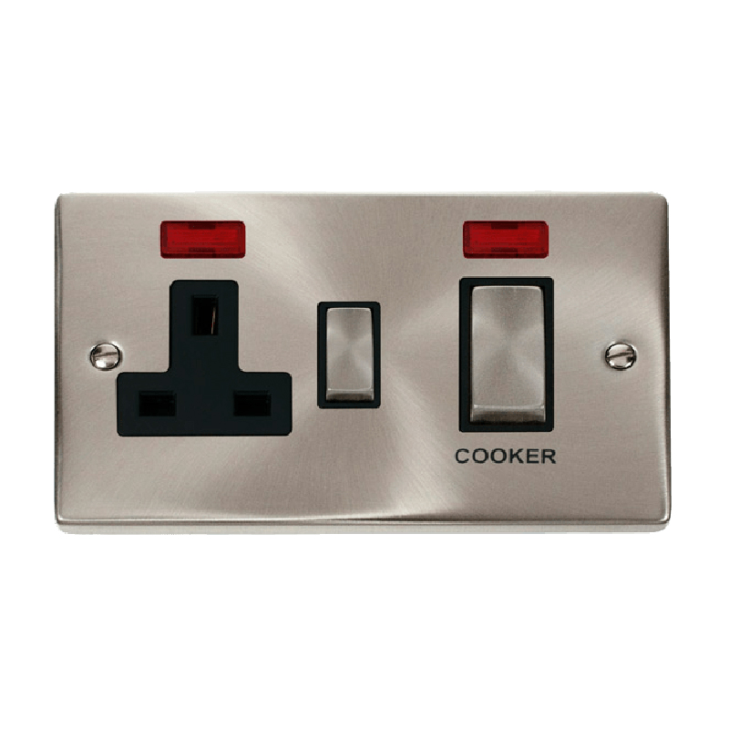 Click Deco 45A Ingot DP Switch with 13A Switched Socket and Neons Satin Chrome Insert Black