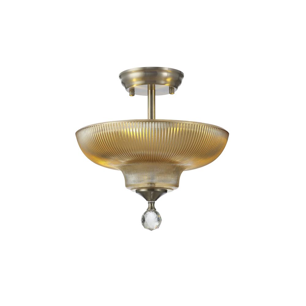 Luxuria Sirius Flush Ceiling Light 2xE27 With Round 30cm Glass Shade Satin Nickel/Amber