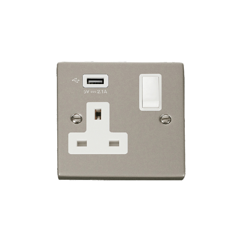 Click Deco 13A 1G Switched Socket with Single 2.1A USB Pearl Nickel Insert White