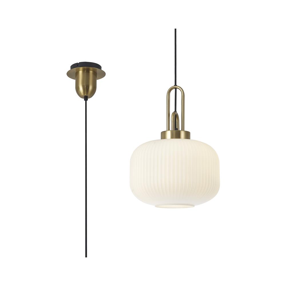 Luxuria Kennith Pendant Light E27 With 30cm Pumpkin Shaped Ribbed Glass Opal Brass Gold/Matt Black