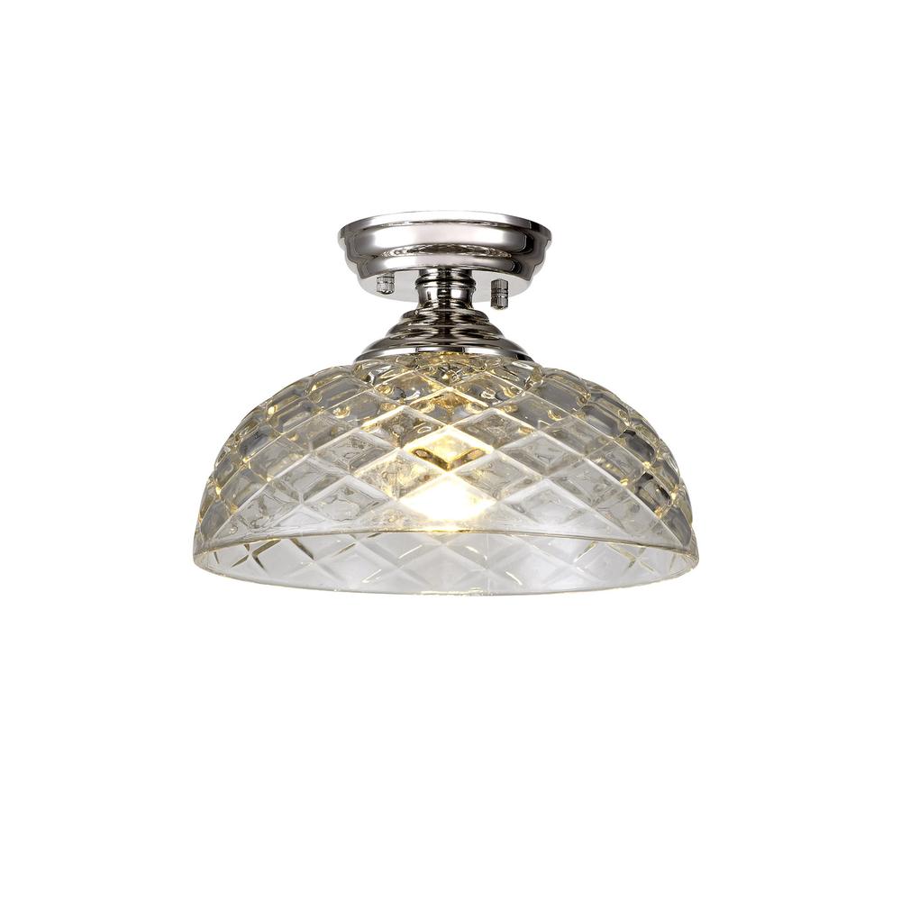 Luxuria Sirius Flush Ceiling Light E27 With Flat Round 30cm Patterned Glass Shade Polished Nickel/Clear