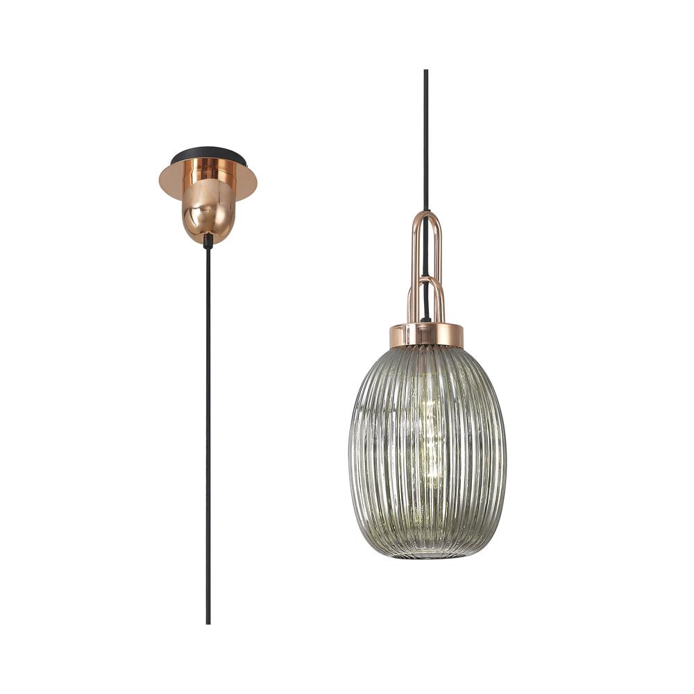 Luxuria Kennith Pendant Light E27 With 20cm Almond Ribbed Glass Smoked Copper/Matt Black