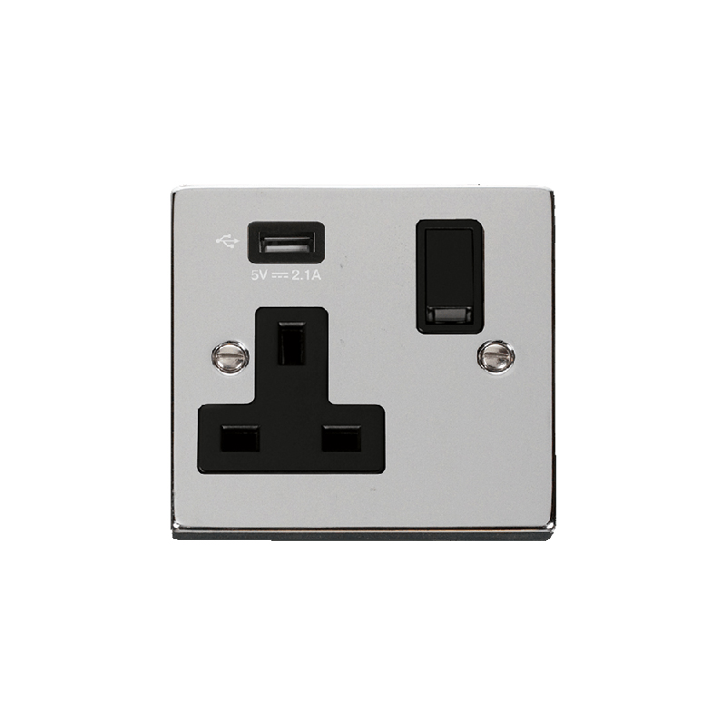 Click Deco 13A 1G Switched Socket with Single 2.1A USB Polished Chrome Insert Black