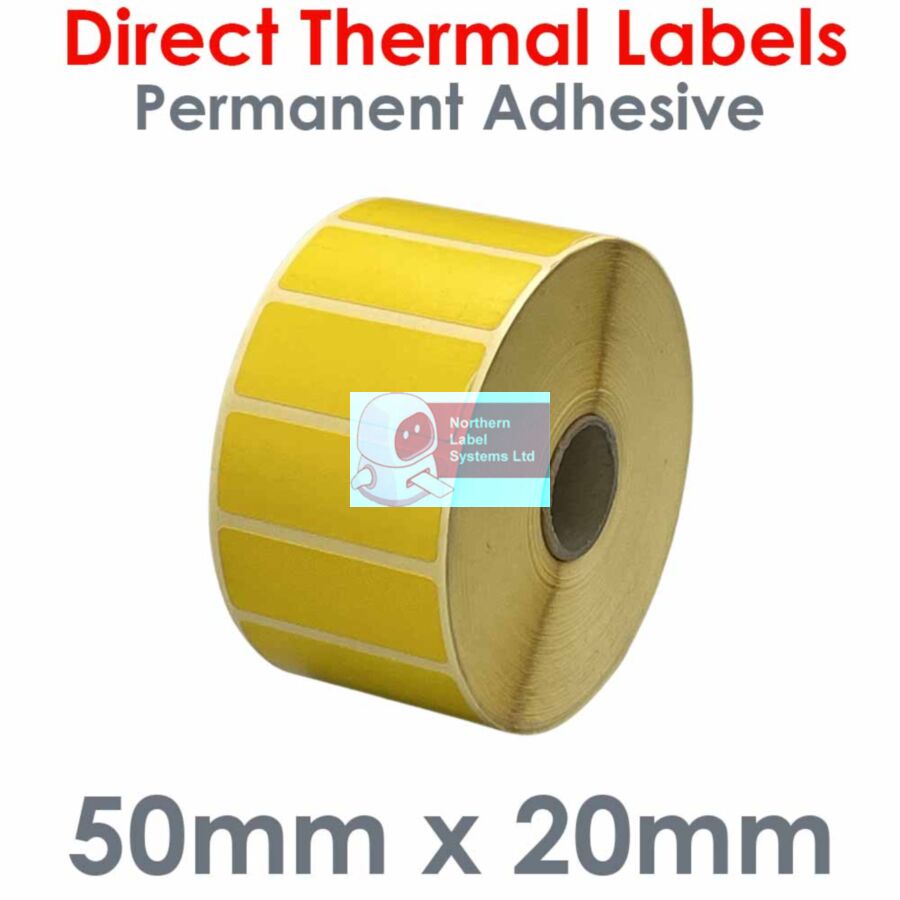 050020DTNPY1-2500, 50mm x 20mm, YELLOW, Direct Thermal Labels, Permanent Adhesive, 2,500 per roll, FOR SMALL DESKTOP LABEL PRINTERS