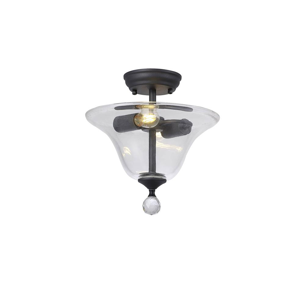 Luxuria Sirius Flush Ceiling Light 2xE27 With Smooth Bell 30cm Glass Shade Graphite/Clear