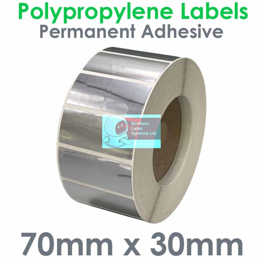 070030BSNPS1-2500, 70mm x 30mm, Bright Silver Polypropylene Label, Permanent Adhesive, FOR LARGER LABEL PRINTERS