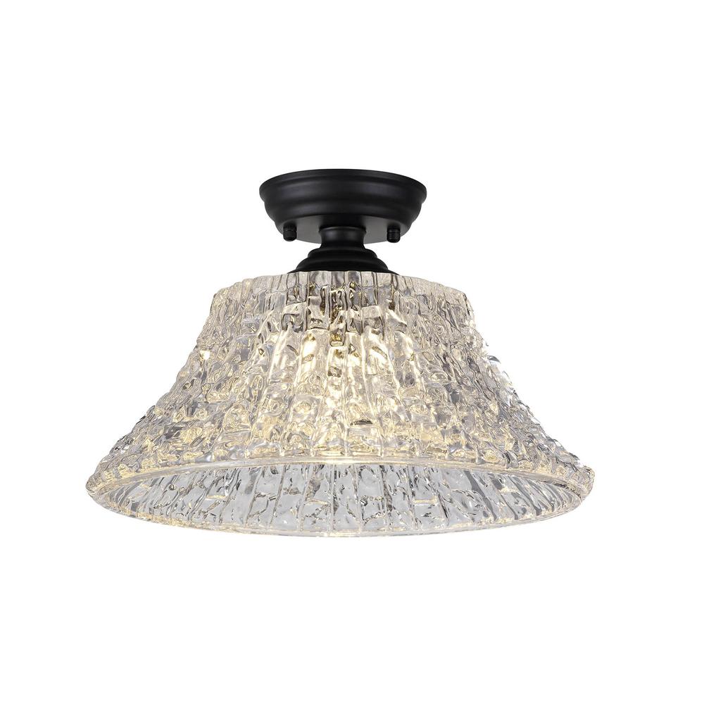 Luxuria Sirius Flush Ceiling Light E27 With Round 38cm Patterned Glass Shade Matt Black/Clear