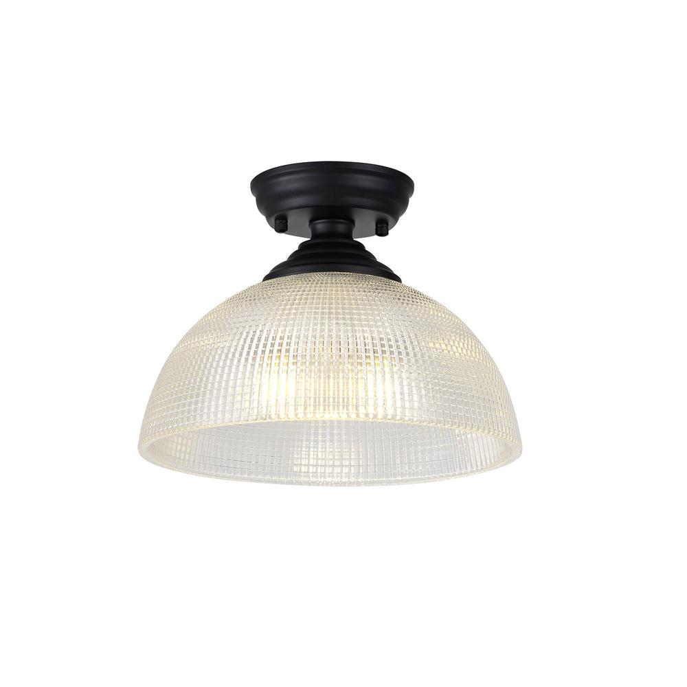 Luxuria Sirius Flush Ceiling Light E27 With Round 30cm Prismatic Effect Glass Shade Matt Black/Clear