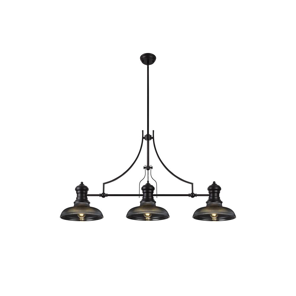 Luxuria Serena 3 Light Linear Pendant E27 With 30cm Round Glass Shade Matt Black Smoked