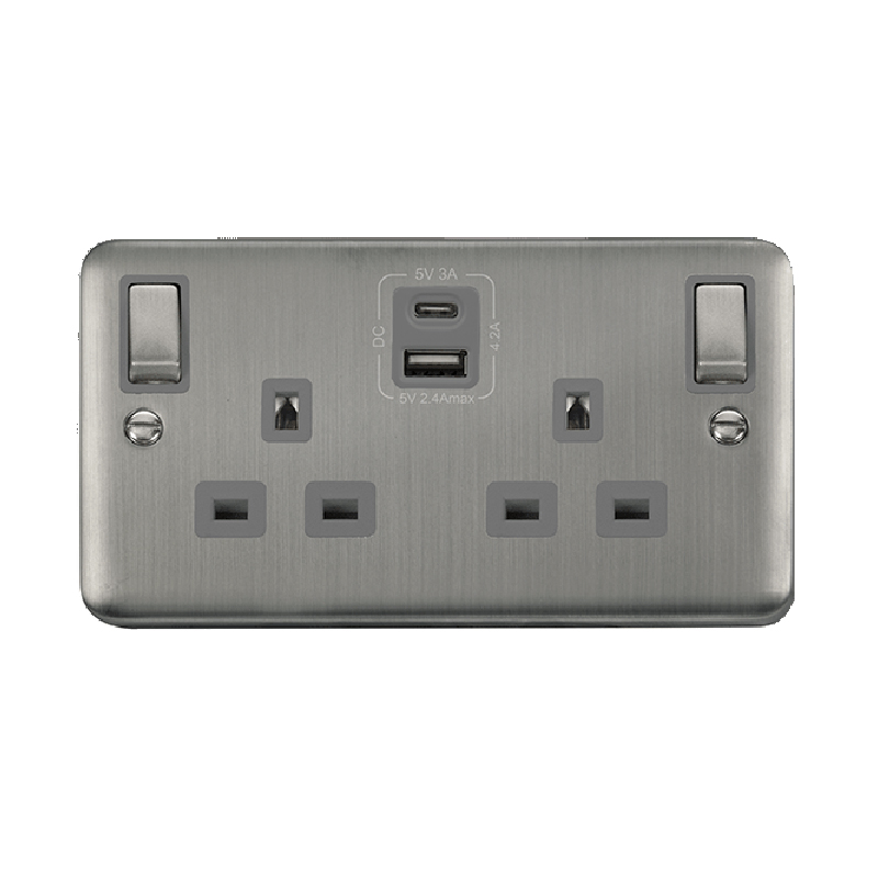 Click Deco Plus 13A Ingot 2G Switched Socket Outlet With Type A & C USB 4.2A Outlets Stainless Steel Grey Inserts