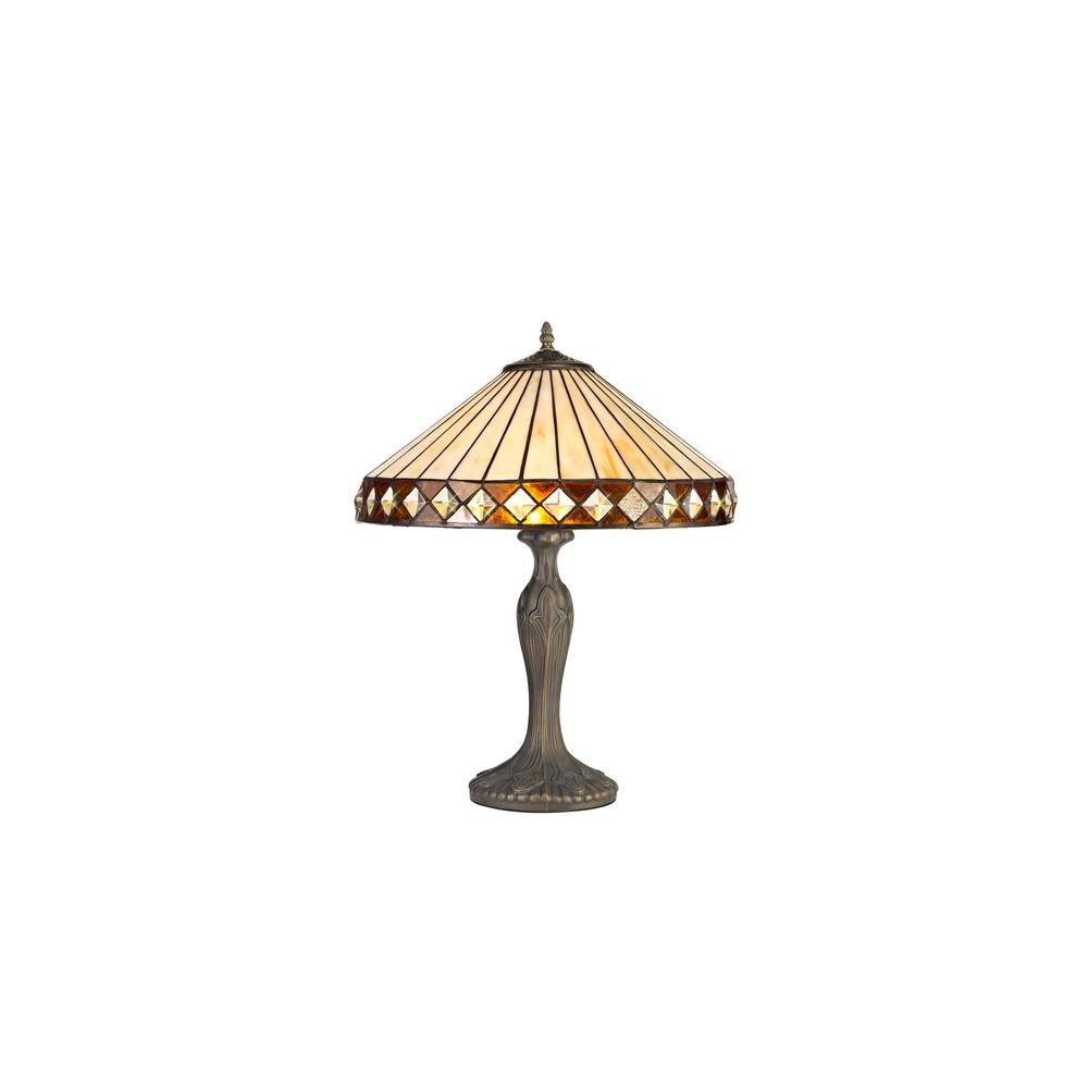 Luxuria Peacock Feather 2 Light Curved Table Lamp E27 With 40cm Tiffany Shade Amber/Cream/Crystal/Aged Antique Brass