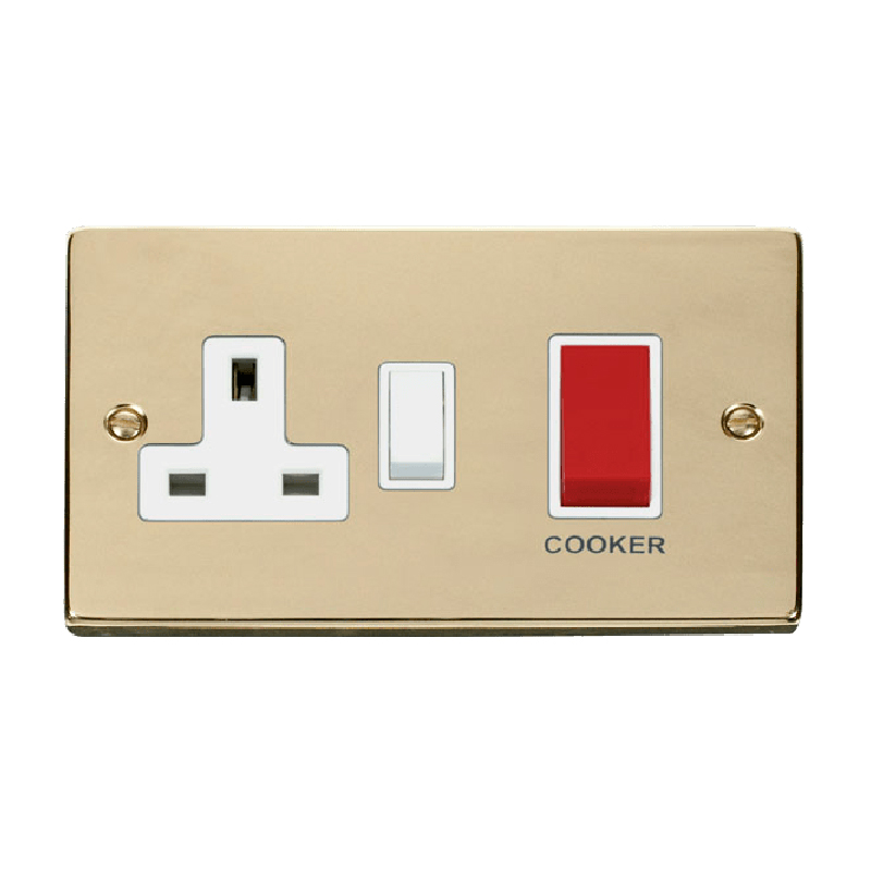 Click Deco 45A DP Switch 13A Switched Socket Polished Brass Insert White