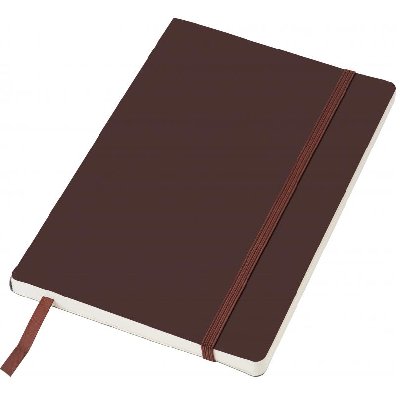 PU soft cover notebook, approximately A5. With 80 ruled pages, an elastic strap over the cover, a ribbon bookmark and a pocket on the inside of the cover.