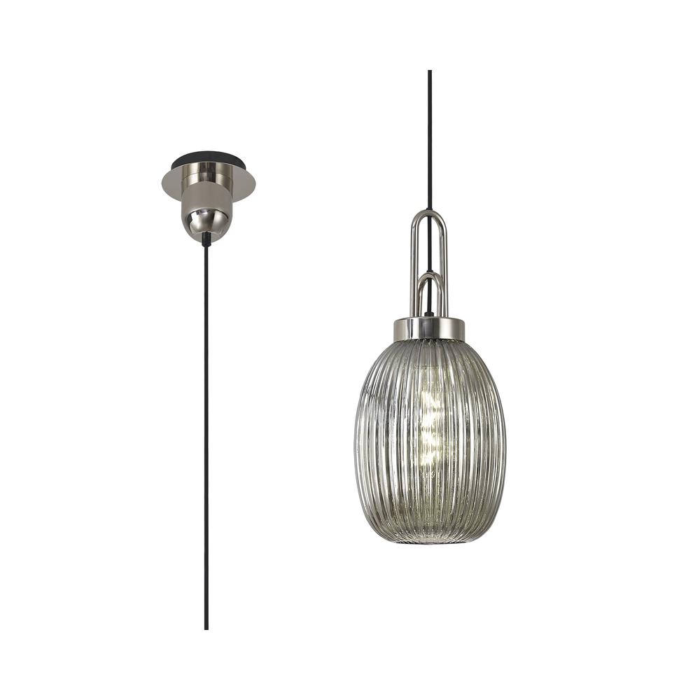 Luxuria Kennith Pendant Light E27 With 20cm Almond Ribbed Glass Smoked Polished Nickel/Matt Black