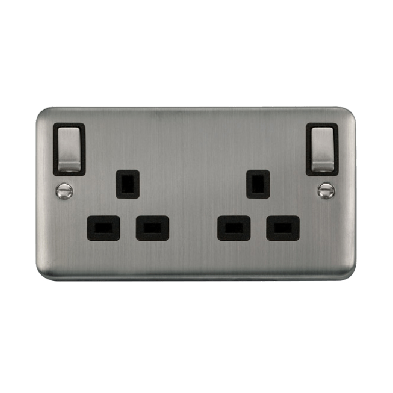 Click Deco Plus 13A Ingot 2G DP Switched Socket Outlet With Outboard Rockers Stainless Steel Black Inserts