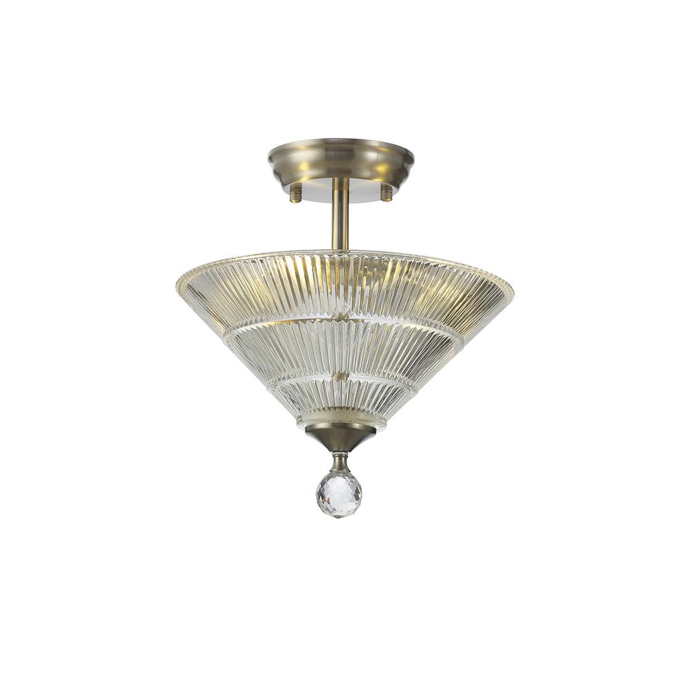 Luxuria Sirius Flush Ceiling Light 2xE27 With Cone 30cm Glass Shade Satin Nickel/Clear