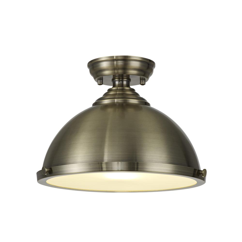 Luxuria Sirius Flush Ceiling Light E27 With Round 31cm Metal Shade Antique Brass/Frosted White