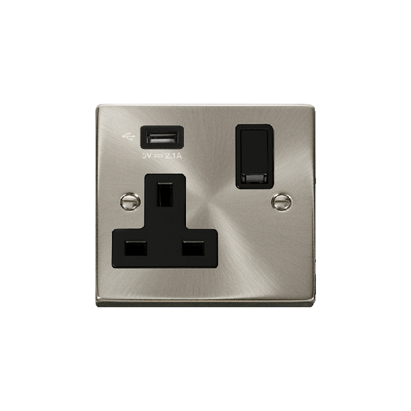 Click Deco 13A 1G Switched Socket with Single 2.1A USB Satin Chrome Insert Black