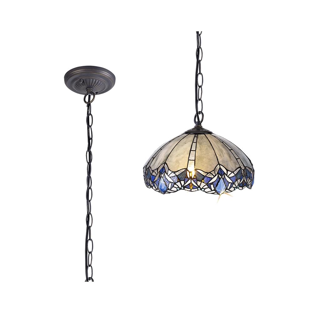 Luxuria Axis 41cm 1 Light Downlight Pendant E27 With 40cm Tiffany Shade Blue/Clear Crystal/Aged Antique Brass