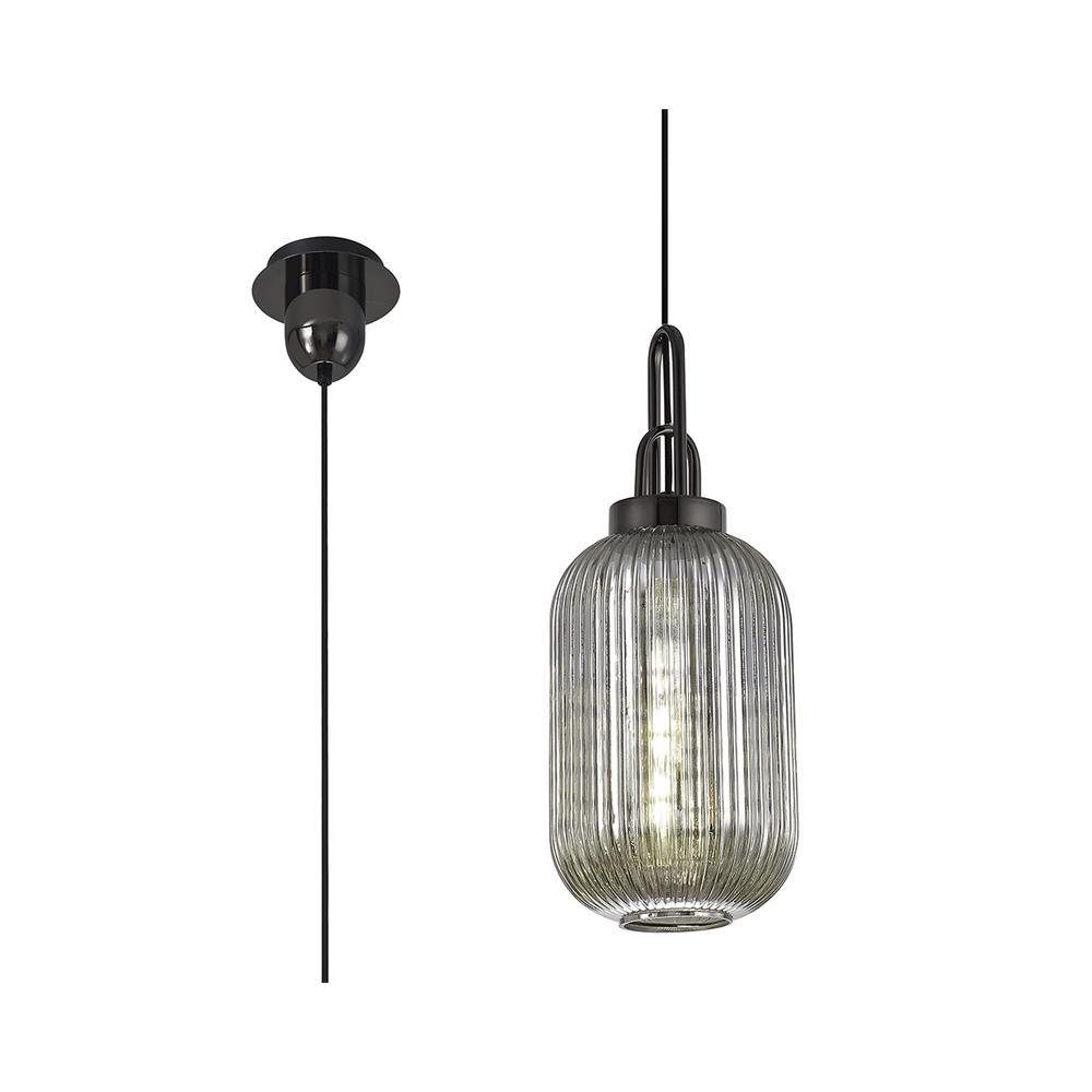 Luxuria Kennith Pendant Light E27 With 20cm Tubular Ribbed Glass Smoked Black Chrome/Matt Black