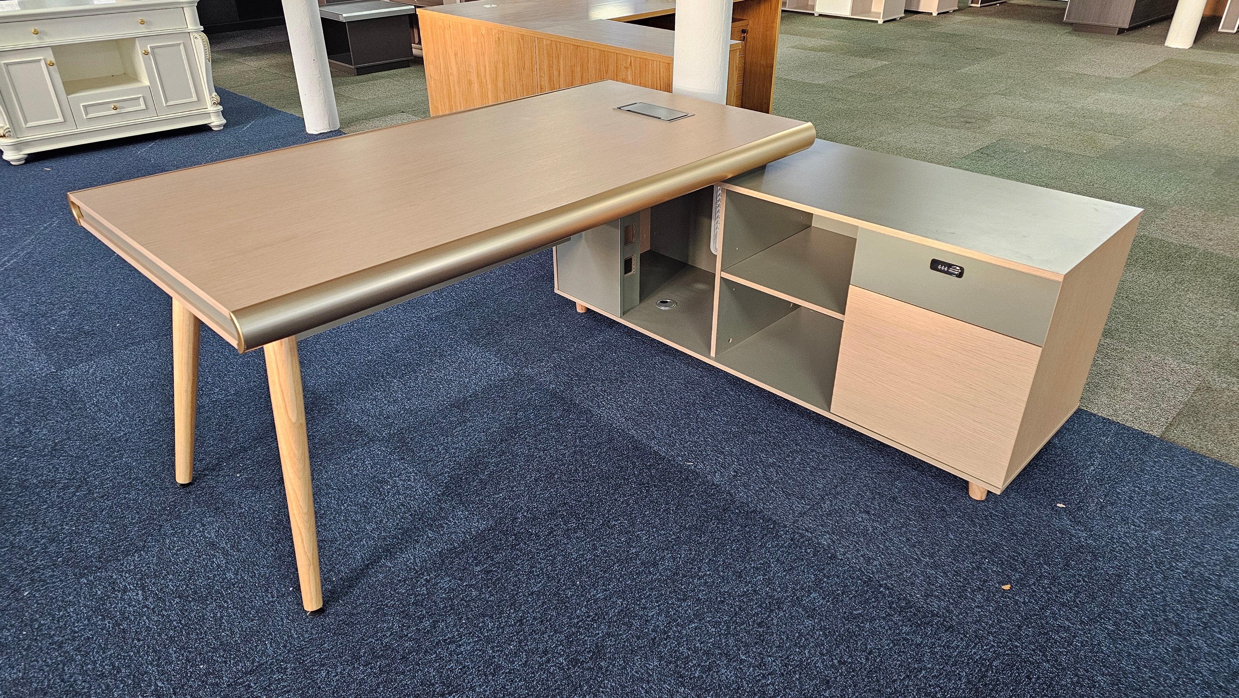 Providers Of EX SHOWROOM - Modern Oak and Sage Green Executive Right Hand Corner Desk with Gold Edging - 1800mm - CL1711 Huddersfield