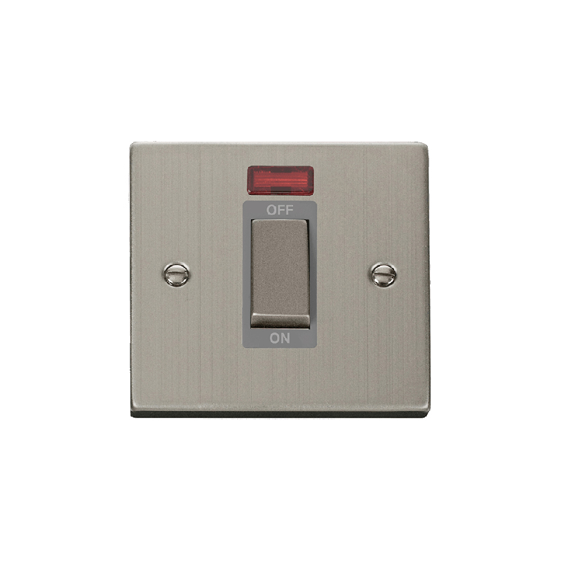 Click Deco 45A Ingot 1 Gang DP Switch With Neon Stainless Steel Insert Grey