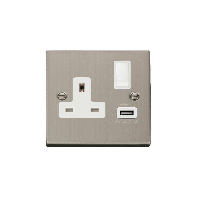 Click Deco 13A 1G Switched Socket Outlet With USB Outlet Stainless Steel Insert White