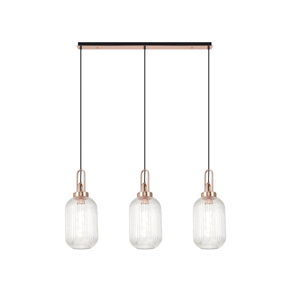 Luxuria Kennith Linear 3 Light Pendant E27 With 20cm Tubular Ribbed Glass Clear Copper/Matt Black