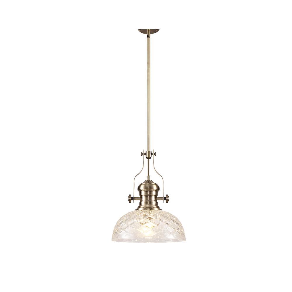 Luxuria Serena Pendant With 30cm Flat Round Patterned Shade E27 Antique Brass/Clear Glass