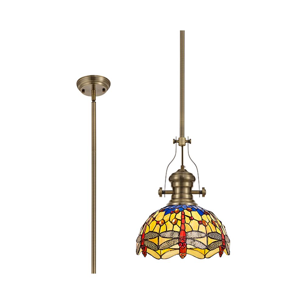 Luxuria Broadway Pendant Light E27 With 30cm Tiffany Shade Antique Brass/Blue/Orange/Crystal