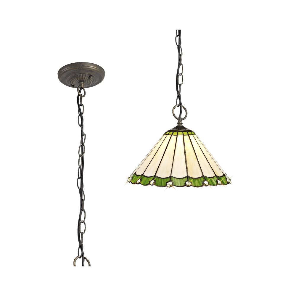 Luxuria Sleek 3 Light Downlighter Pendant E27 With 30cm Tiffany Shade Green/Cream/Crystal/Aged Antique Brass