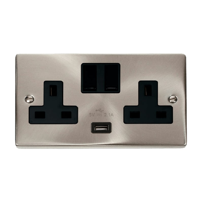 Click Deco 13A 2G Switched Socket With USB Outlet Satin Chrome Insert Black