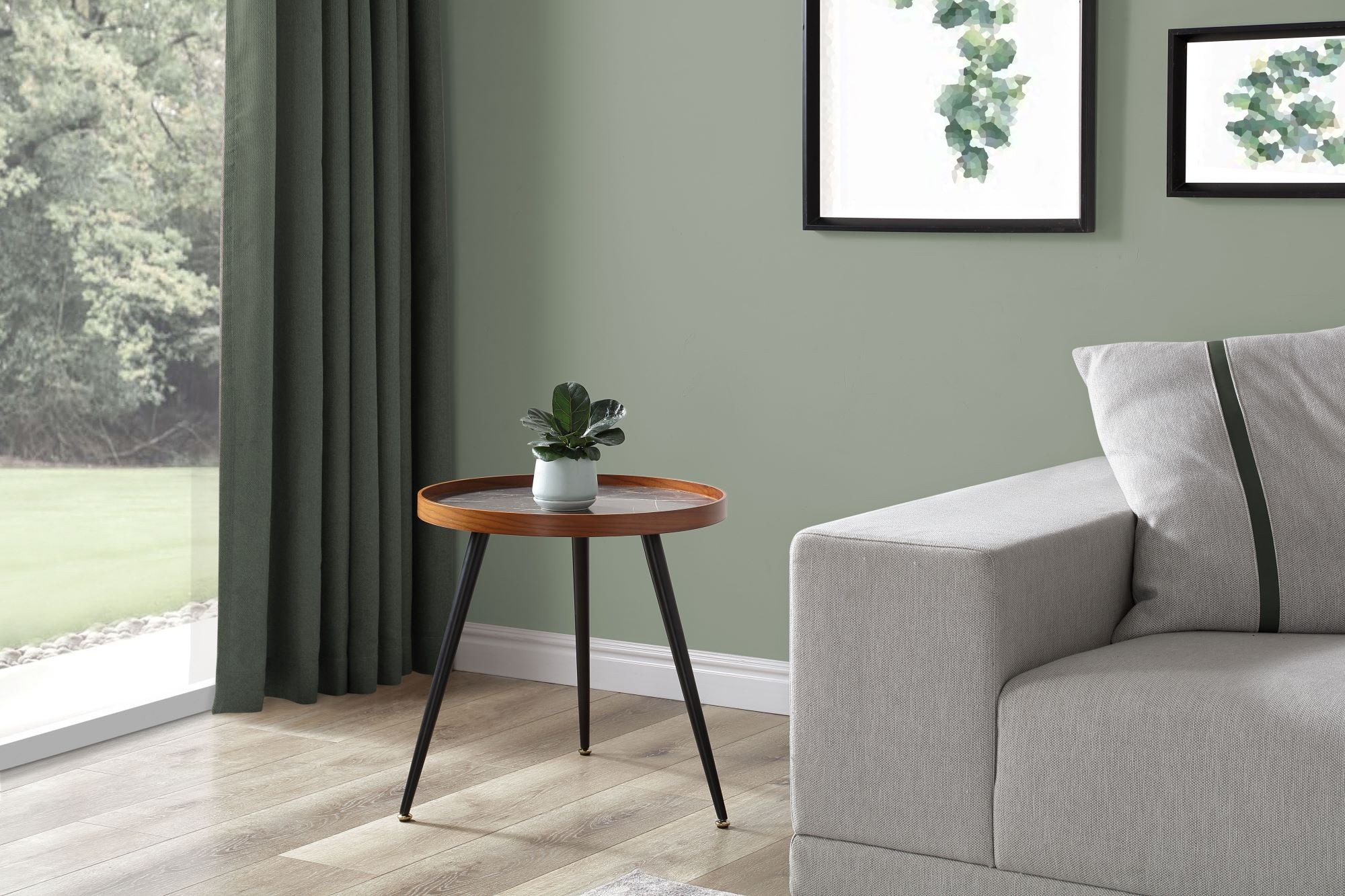 Specialising In Round Black Marble Lamp / Side Table with Walnut Veneer - 500mm - JF329 North Yourkshire