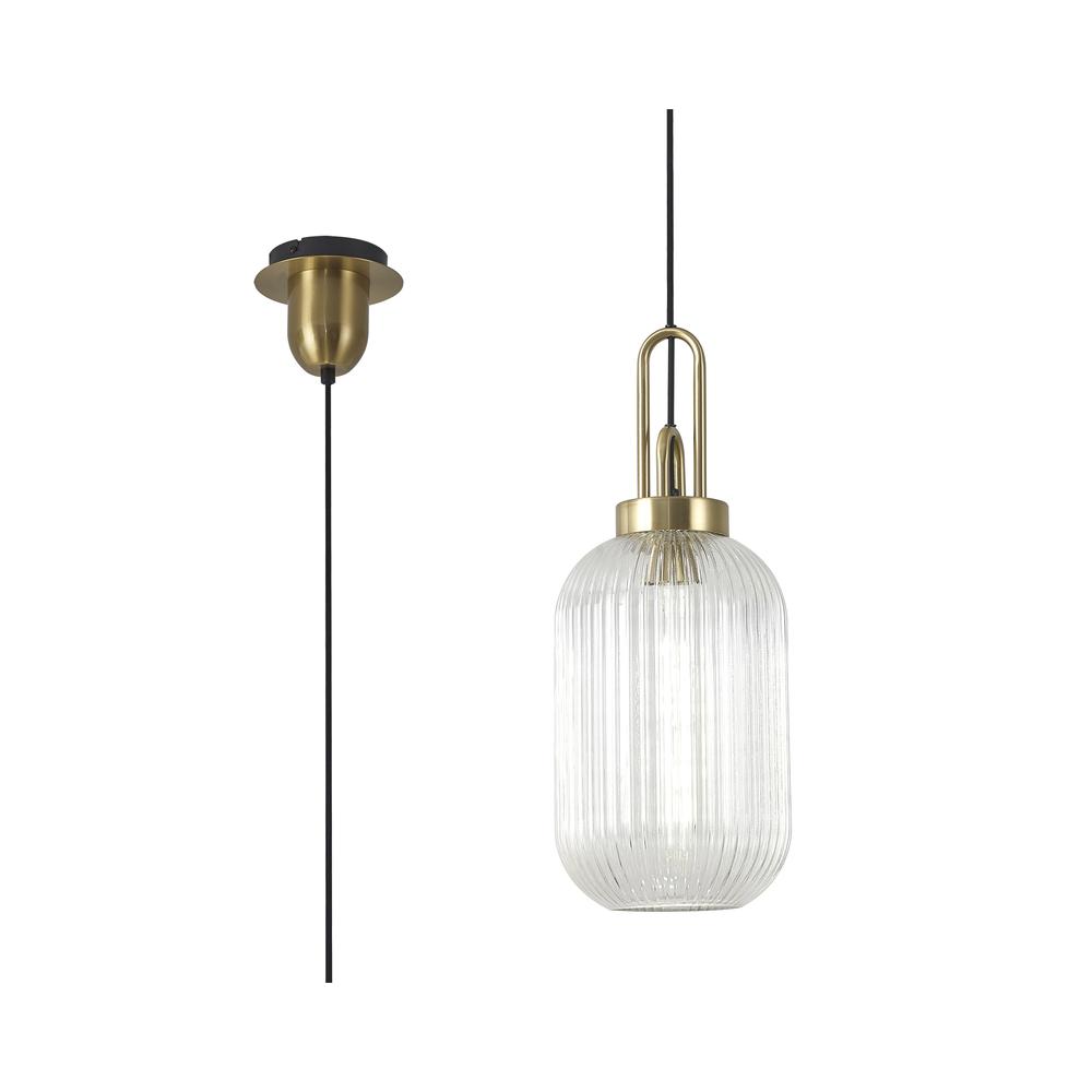 Luxuria Kennith Pendant Light E27 With 20cm Tubular Ribbed Glass Clear Brass Gold/Matt Black