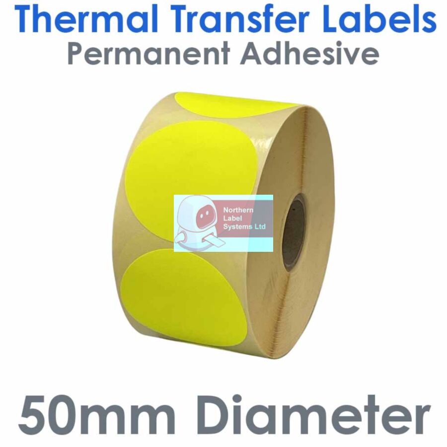 050DIATTNPY1-1000FL, 50mm Diameter Circle, FLUORESCENT YELLOW, Thermal Transfer Labels, Permanent Adhesive, 1,000 per roll, FOR SMALL DESKTOP LABEL PRINTERS