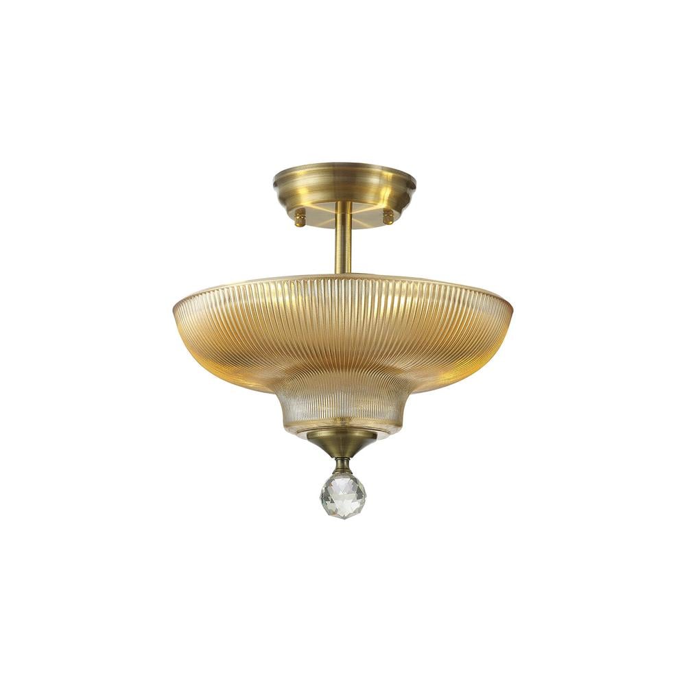 Luxuria Sirius Flush Ceiling Light 2xE27 With Round 30cm Glass Shade Antique Brass/Amber