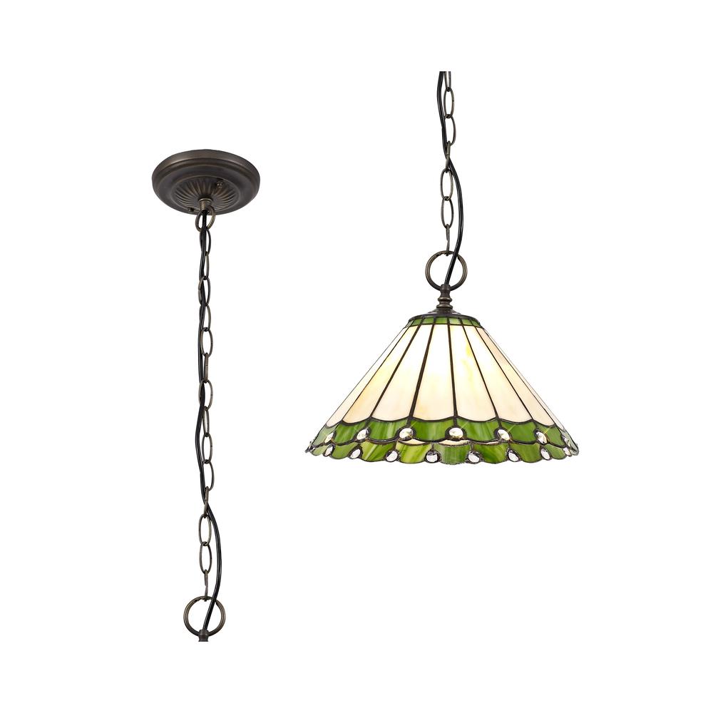 Luxuria Sleek 1 Light Downlighter Pendant E27 With 30cm Tiffany Shade Green/Cream/Crystal/Aged Antique Brass