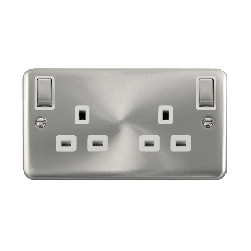 Click Deco Plus 13A Ingot 2G DP Switched Socket Outlet With Outboard Rockers Satin Chrome Grey Inserts