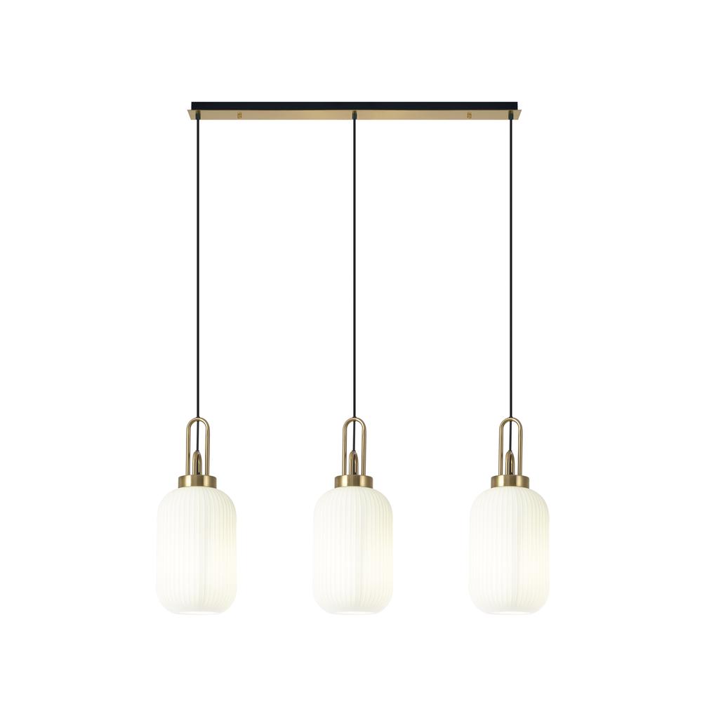 Luxuria Kennith Linear 3 Light Pendant E27 With 20cm Tubular Ribbed Glass Opal Brass Gold/Matt Black