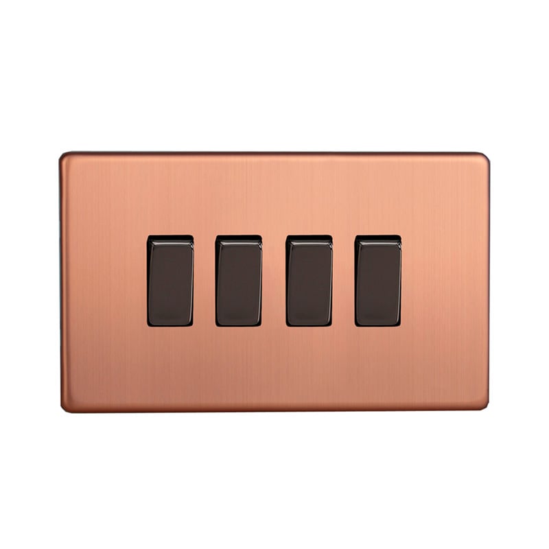 Varilight Urban 10A 4G Rocker Switch Brushed Copper Screw Less Plate