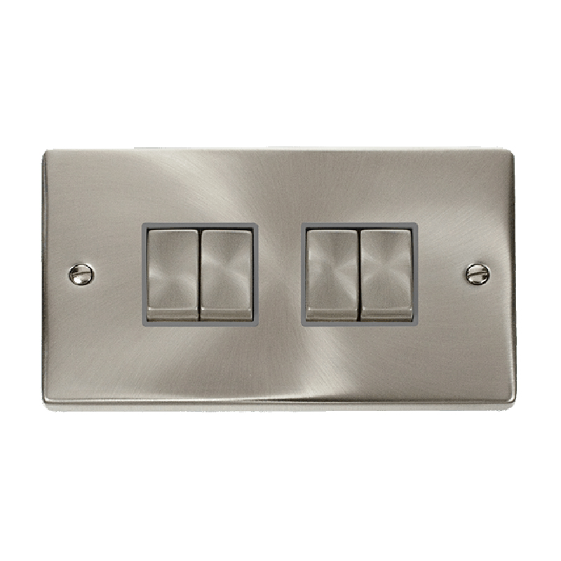 Click Deco 4 Gang 2 Way Ingot 10AX Switch Satin Chrome Grey Inserts